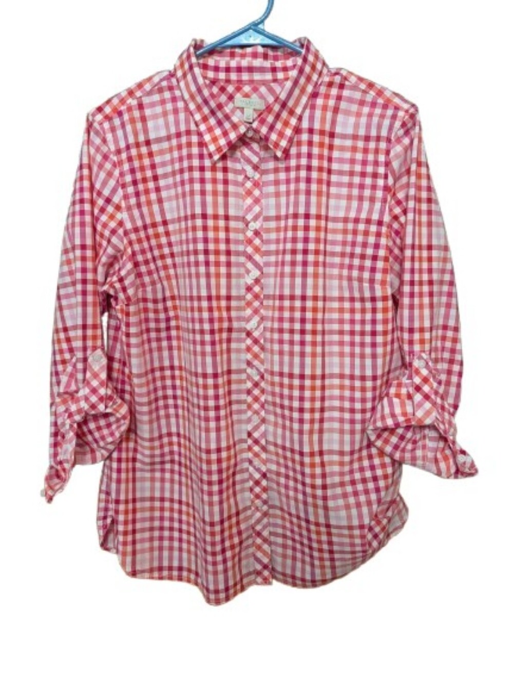 Talbots Women Roll Tab Sleeve Button Shirt Top Blouse Sz Petite Lrg Red Plaid